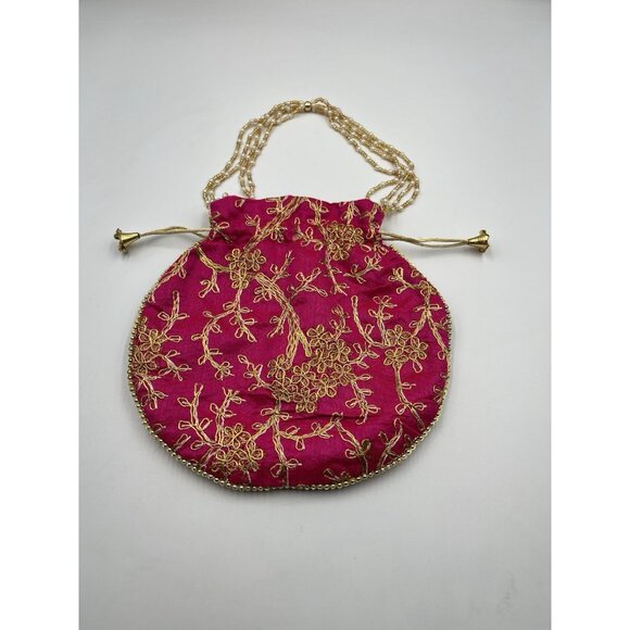 PINK Gold Clutch Silk Bag Boho Formal/POTLI /Purse Applique Beaded SEE ALL - Picture 5 of 16